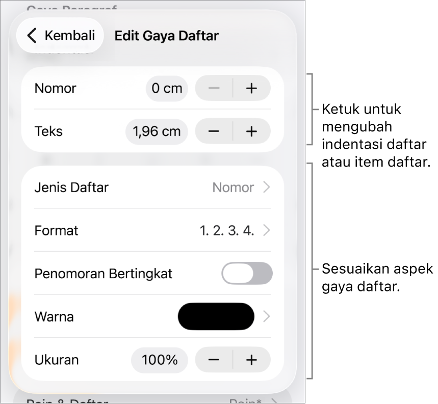 Menu Edit Gaya Daftar untuk spasi indentasi, jenis dan format daftar, penomoran bertingkat, warna dan ukuran daftar, serta penomoran berkelanjutan.