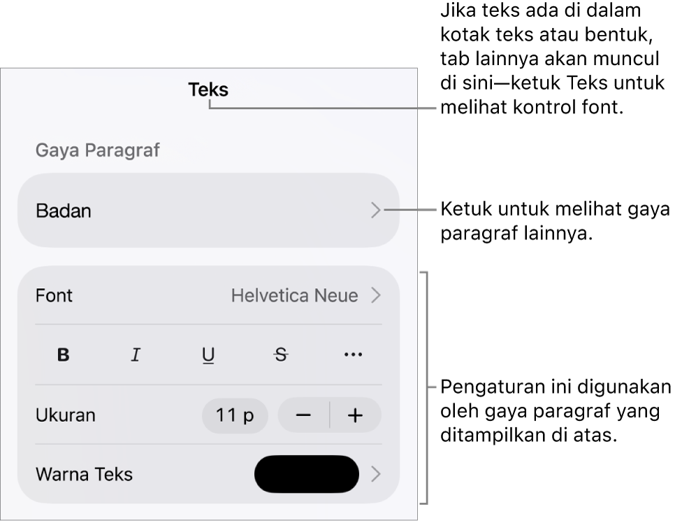 Menu Format menampilkan kontrol teks untuk mengatur paragraf dan gaya karakter, font, ukuran, dan warna.