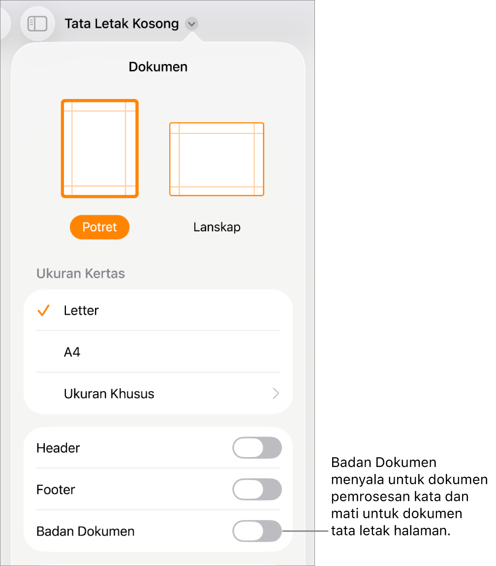 Kontrol format Dokumen dengan Badan Dokumen dinyalakan di dekat bagian bawah layar.