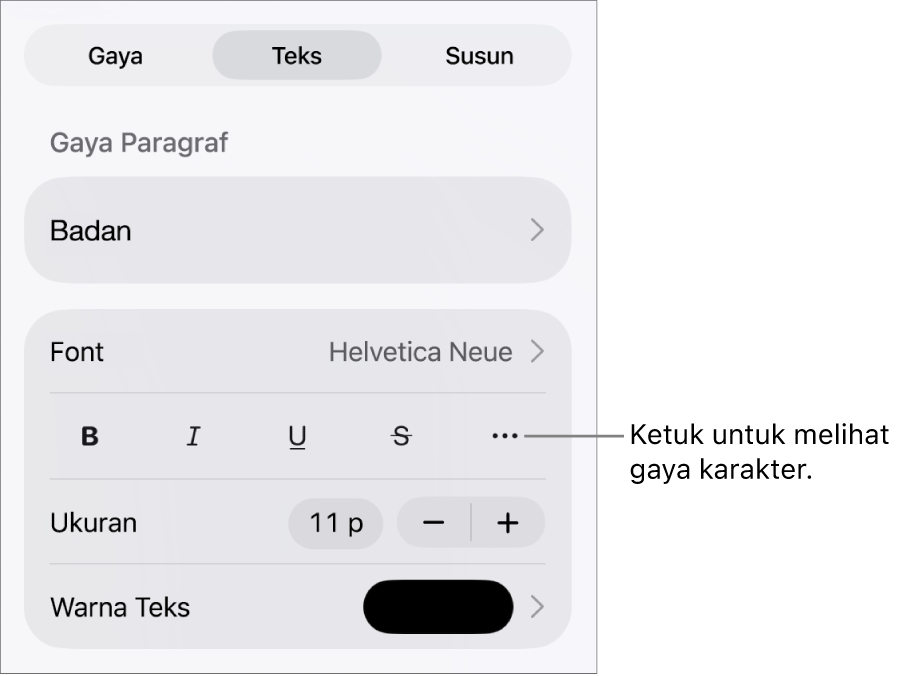 Kontrol Format dengan gaya paragraf di bagian atas, lalu kontrol Font. Di bawah Font terdapat tombol Tebal, Garis Bawah, Coret, dan Pilihan Teks Lainnya.
