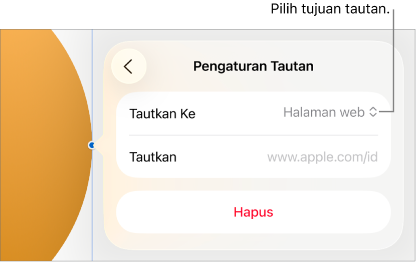 Kontrol Pengaturan Tautan dengan Halaman Web dipilih, dan tombol Hapus di bagian bawah.