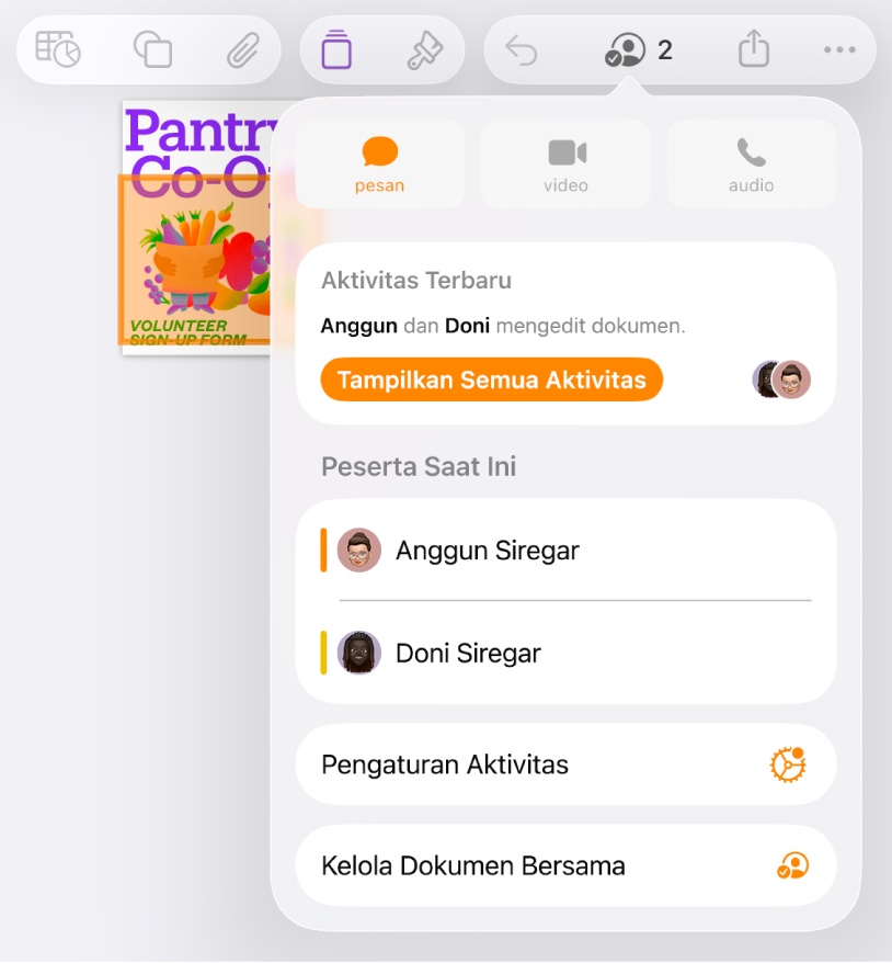 Menu kolaborasi menampilkan nama orang yang berkolaborasi di dokumen.