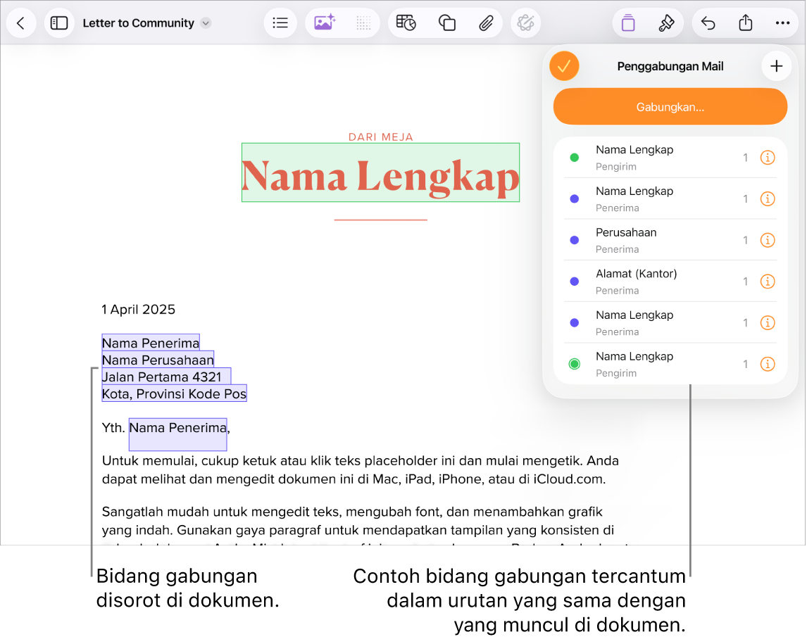 Dokumen Pages dengan bidang gabungan alamat penerima yang menyorot teks placeholder yang akan diganti, dan contoh bidang gabungan yang tercantum di menu Penggabungan Mail.