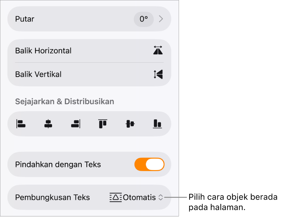 Kontrol Format dengan tab Susun dipilih dan kontrol untuk Pindahkan ke Belakang/Depan, Pindahkan dengan Teks, dan Pembungkusan Teks.