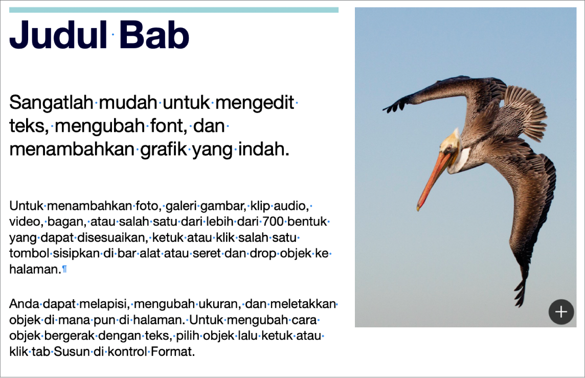 Teks menampilkan simbol untuk ganti paragraf dan ganti bagian.