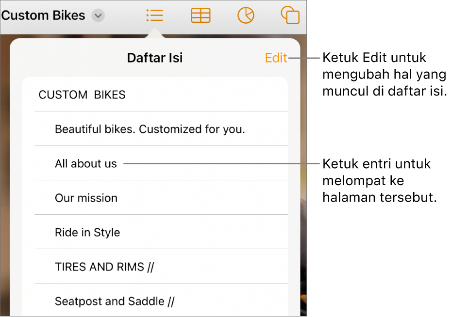 Tampilan daftar isi dengan entri di daftar. Tombol Edit terdapat di pojok kanan atas tampilan.