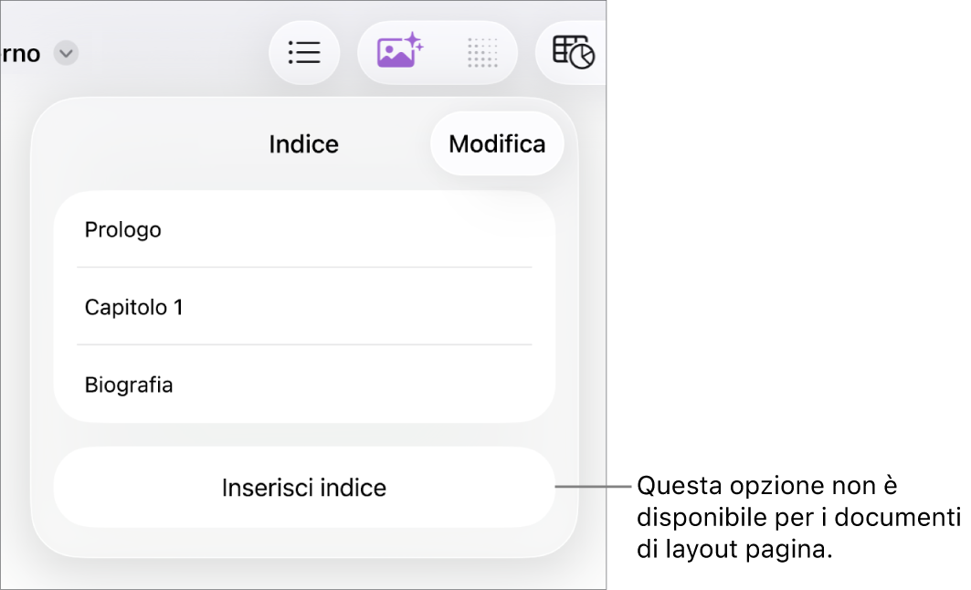 La vista indice con Modifica nell’angolo superiore destro, le voci dell’indice e il pulsante “Inserisci indice” nella parte inferiore.