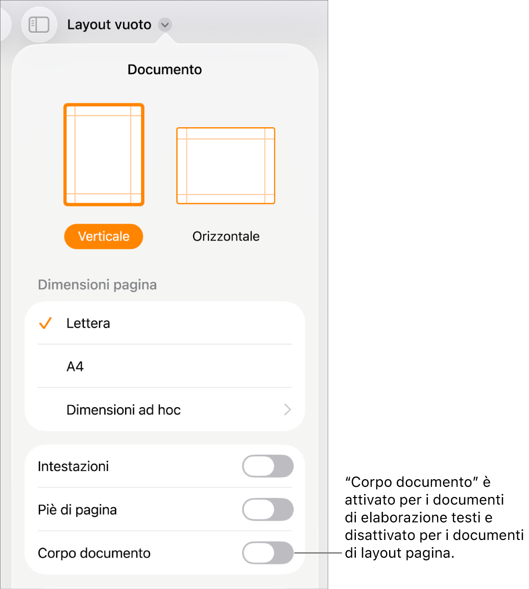 I controlli di formattazione Documento con “Corpo documento” attivato nella parte inferiore dello schermo.