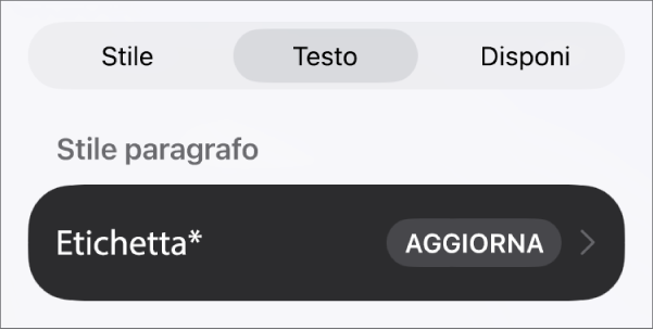 Lo stile paragrafo Corpo con un asterisco vicino e il pulsante Aggiorna sulla destra.