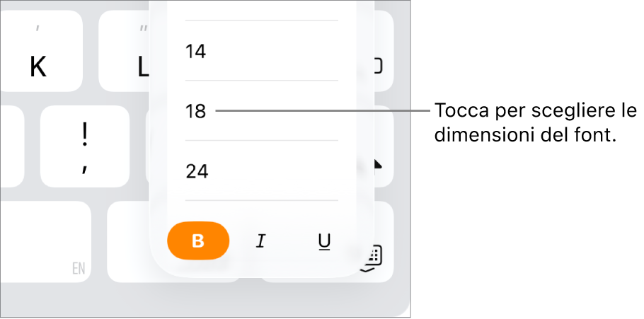 Il pulsante “Dimensione font” sul lato destro della tastiera di iPad, con il menu “Dimensione font” aperto. Le dimensioni del font standard governative della Cina continentale vengono visualizzate nella parte superiore del menu, con sotto le dimensioni in punti.