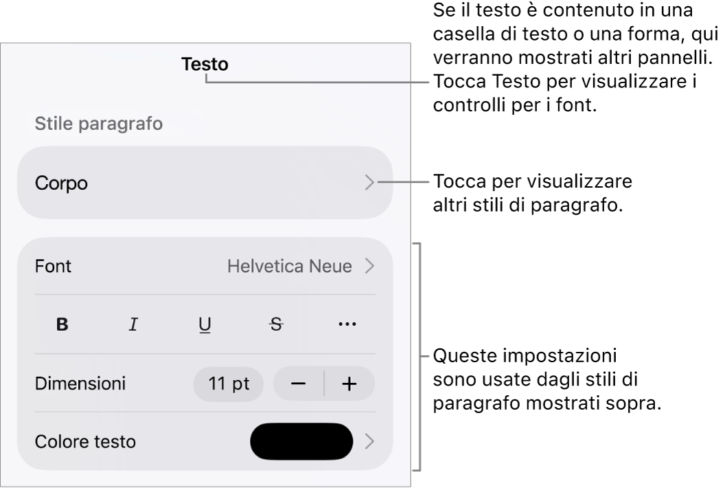 Menu Formato con controlli di testo per impostare stili carattere e paragrafo, font, dimensione e colore.