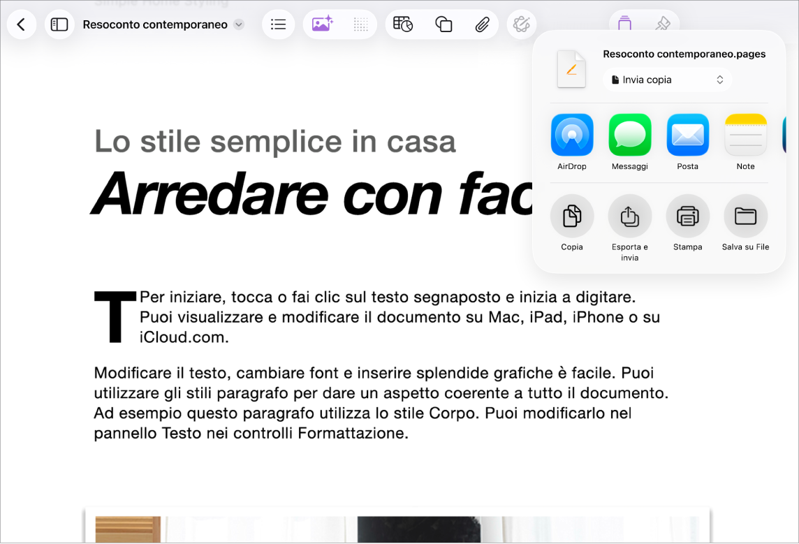 In un documento di lavoro con le opzioni Condividi o Esporta aperte.