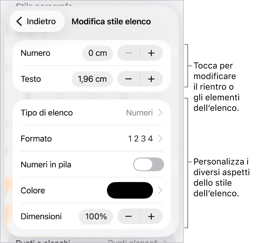 Il menu “Modifica stili elenco” con controlli per la spaziatura del rientro, tipo di elenco e formato, numeri in pila, colore e dimensione elenco e numerazione continua.
