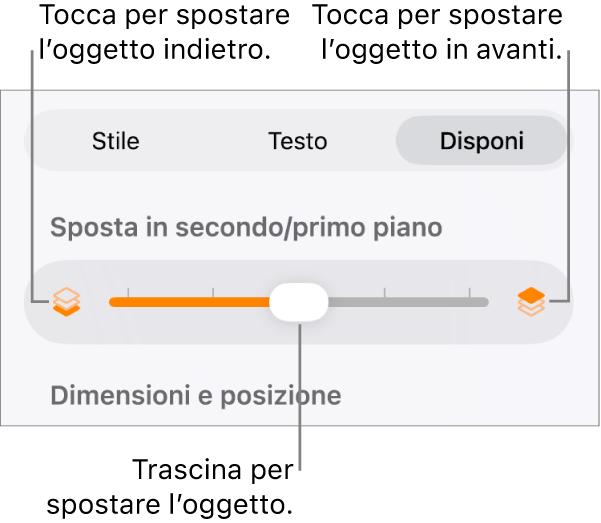 Pulsante sposta indietro, pulsante sposta avanti e cursore livelli.