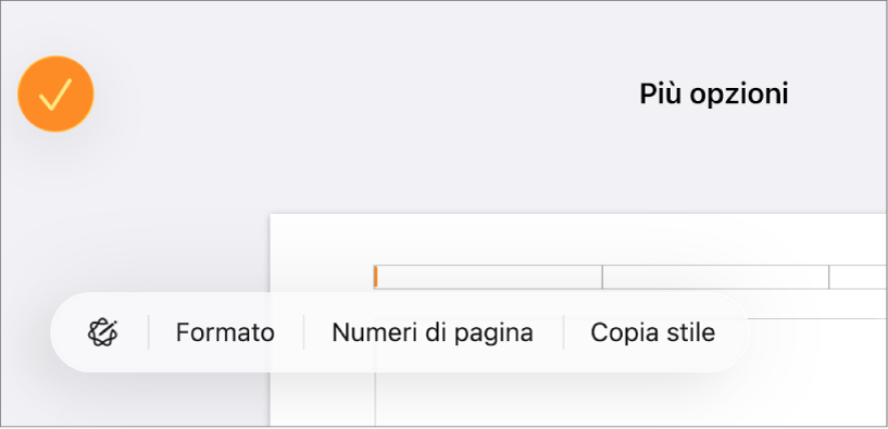Tre campi di intestazione con il punto di inserimento in quello centrale e un menu a comparsa che mostra “Numeri di pagina”.