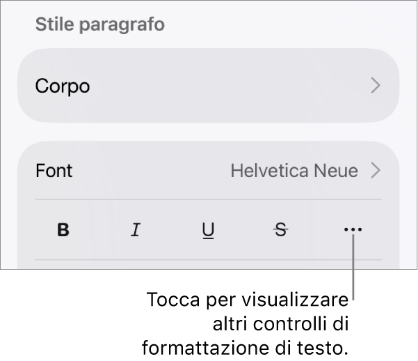 Il pannello Testo dei controlli di Formattazione con una didascalia per il pulsante “Altre opzioni di testo”.