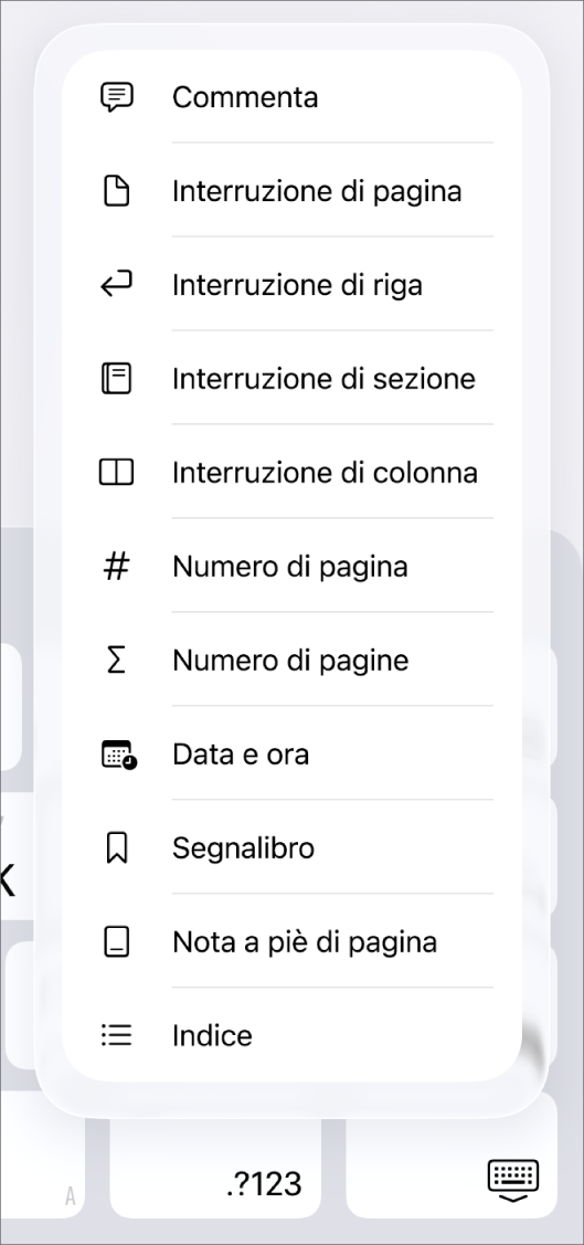 Barra delle abbreviazioni con i controlli Inserisci aperti sopra il pulsante Inserisci.