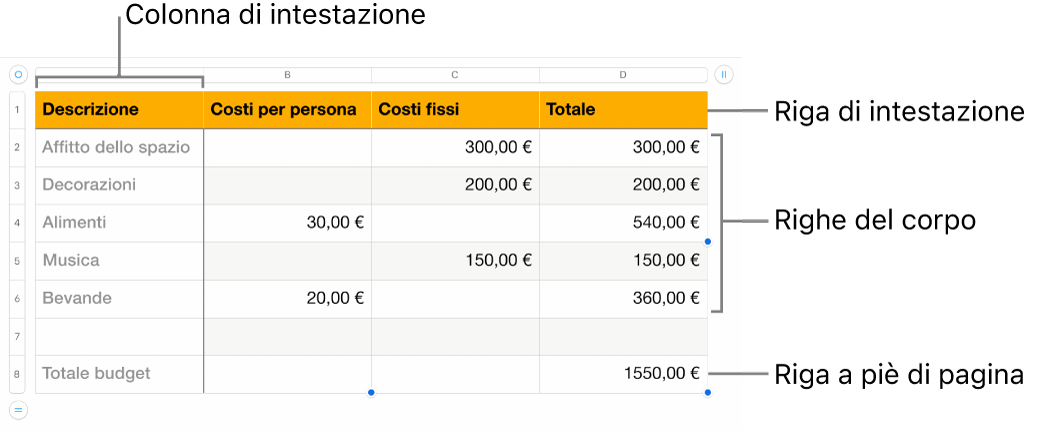 Tabella con righe e colonne di intestazione, corpo e piè di pagina.