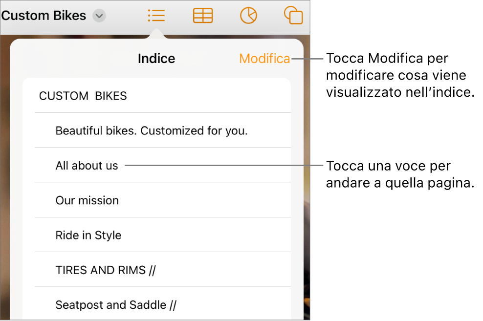 La vista indice con le voci in un elenco. Il pulsante Modifica è nell’angolo in alto a destra della vista.