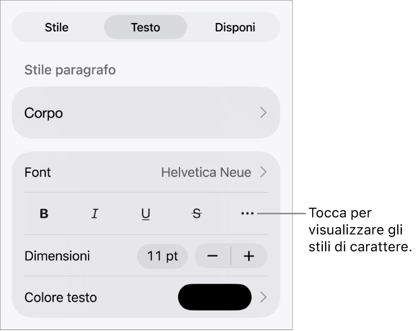 I controlli Formato con gli stili di paragrafo nella parte superiore, quindi i controlli Font. Sotto Font sono presenti i pulsanti Grassetto, Corsivo, Sottolineato, Barrato e “Altre opzioni di testo”.