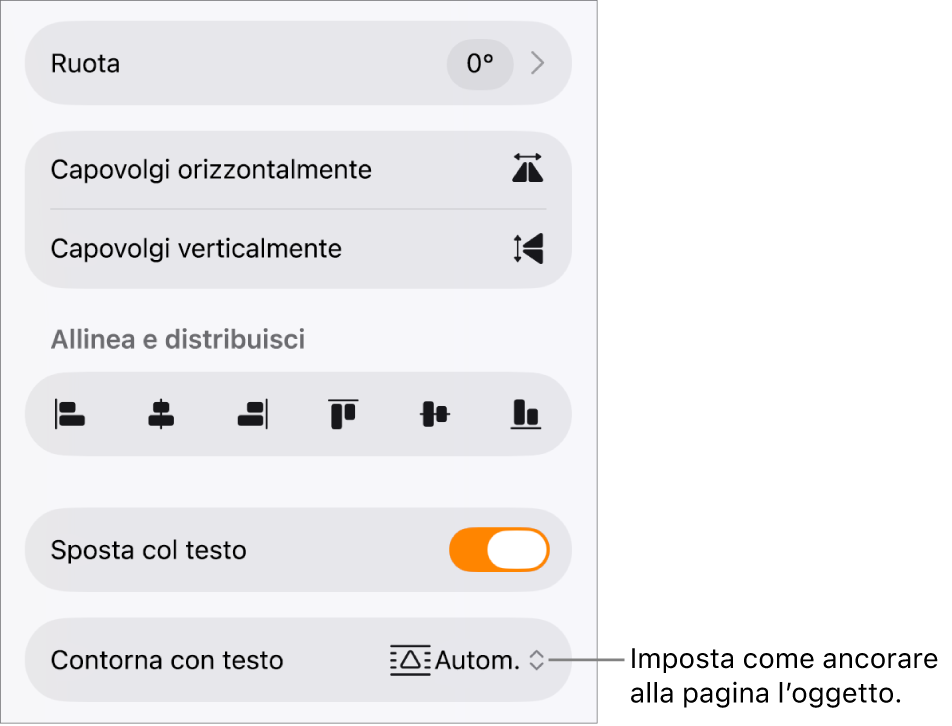 I controlli di Formattazione con selezionato il pannello Disposizione e i controlli per Sposta indietro/avanti”, “Sposta col testo” e “Disposizione testo”.