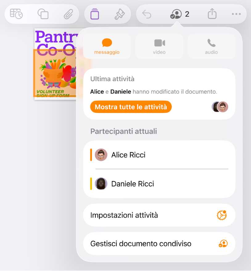 Il menu di collaborazione che mostra i nomi delle persone che stanno collaborando al documento.