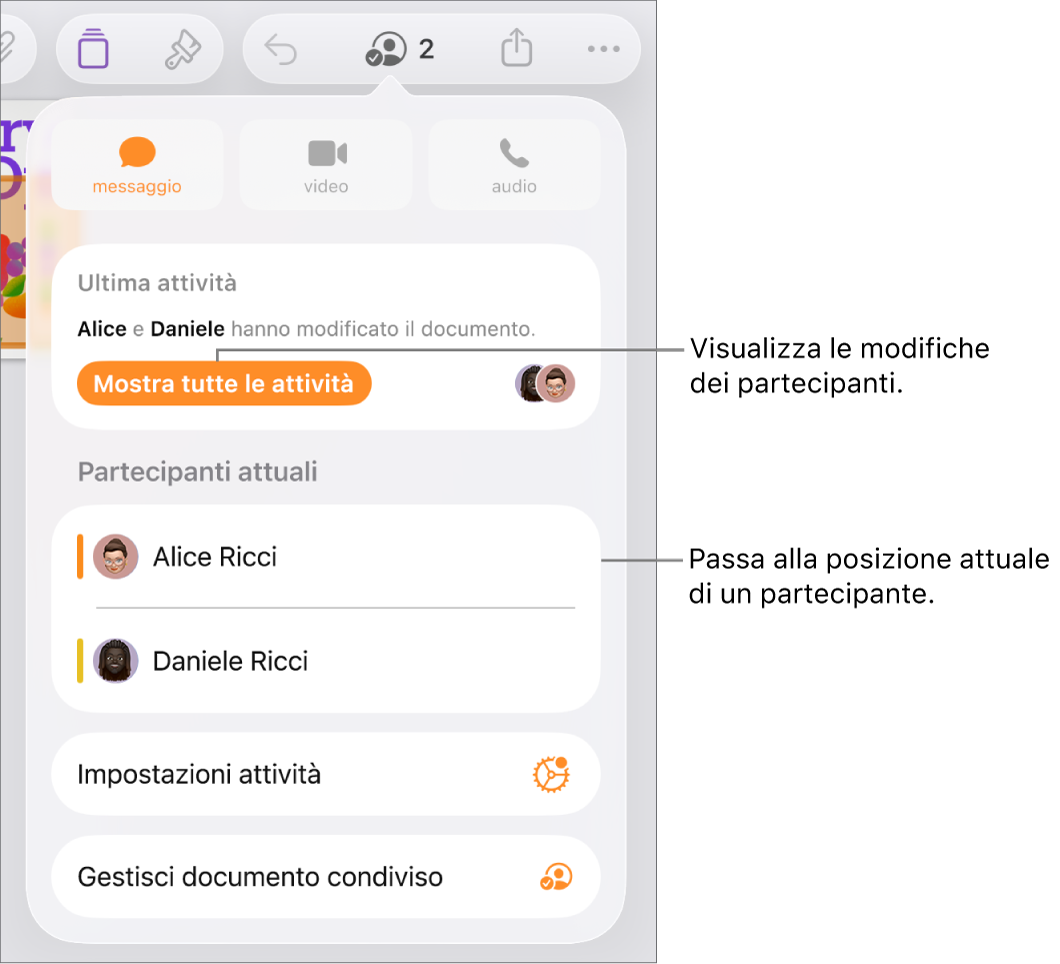 Il menu per la collaborazione i partecipanti attuali elencati.