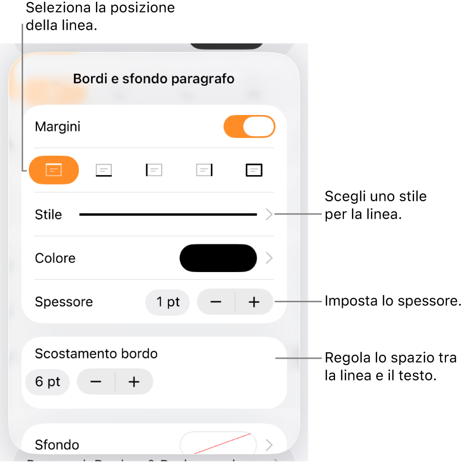 Controlli per modificare lo stile, lo spessore, la posizione e il colore della linea.
