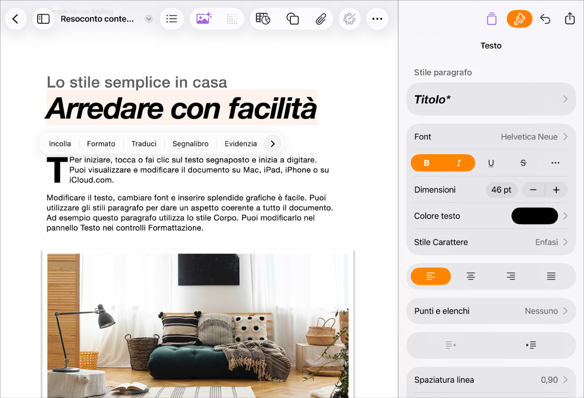 Documento di Pages aperto con testo selezionato e le opzioni di formattazione testo aperte.