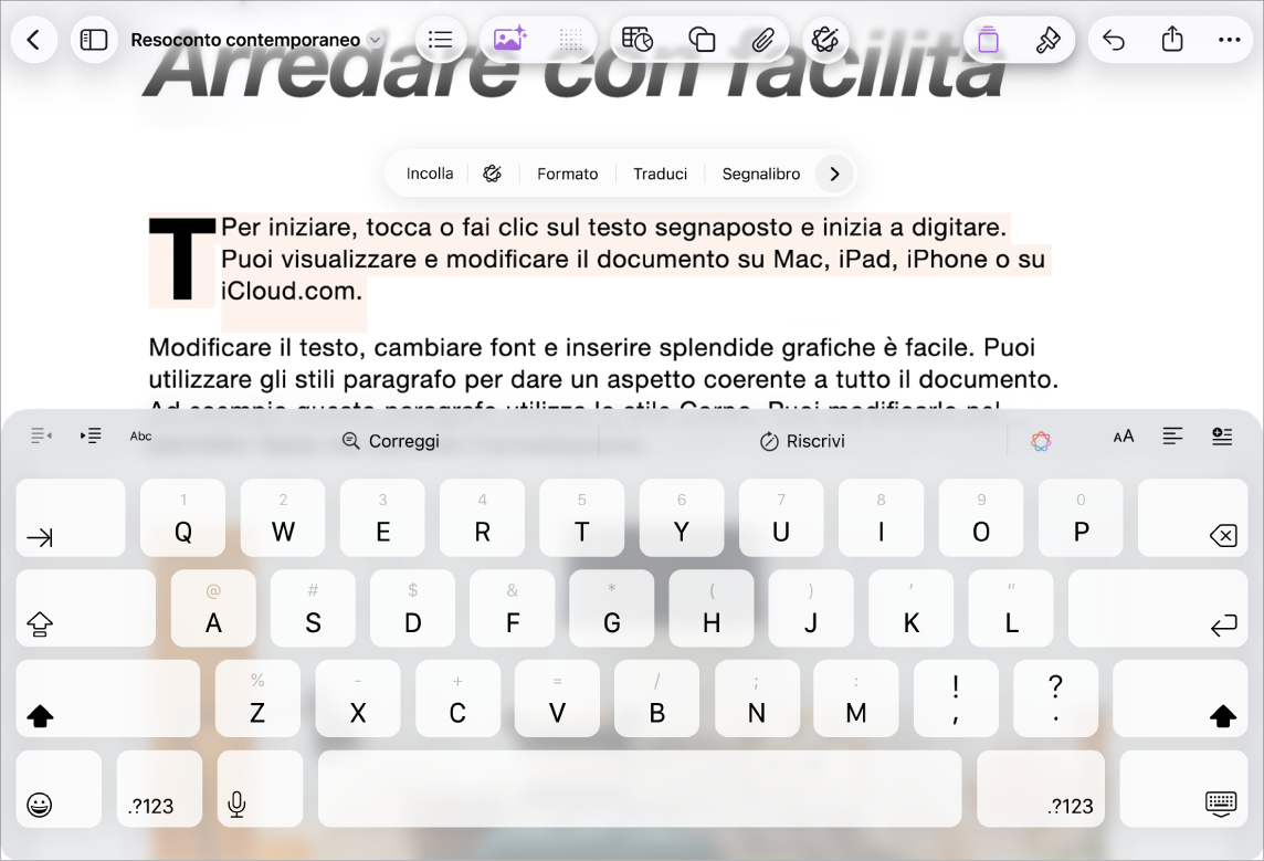 Documento di Pages aperto con testo segnaposto selezionato.