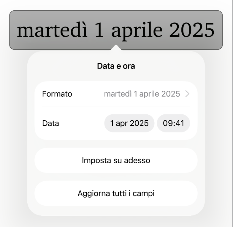 I controlli “Data e ora” con un menu comparsa per il formato della data e i pulsanti “Imposta su oggi” e “Aggiorna tutti i campi”.
