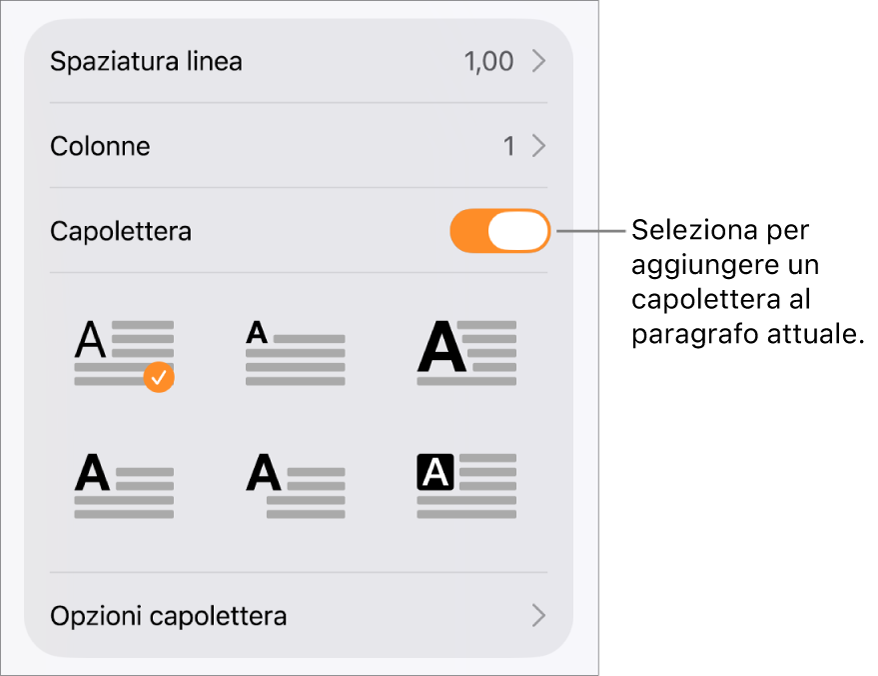 I controlli Capolettera situati nel menu Testo.