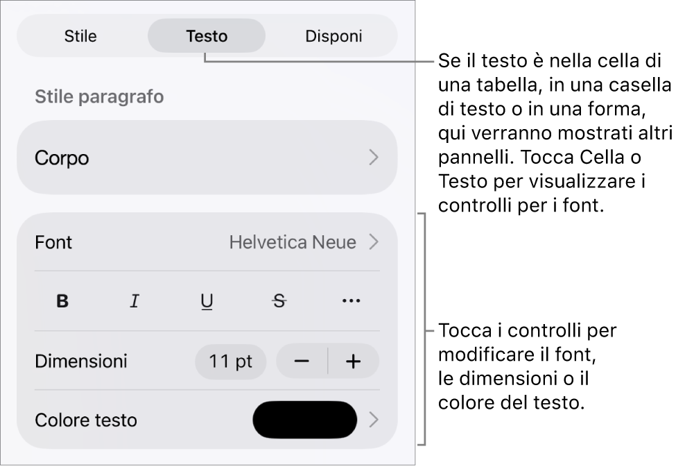 Controlli di testo nel menu Formattazione per impostare stili di carattere e paragrafo, font, dimensione e colore.