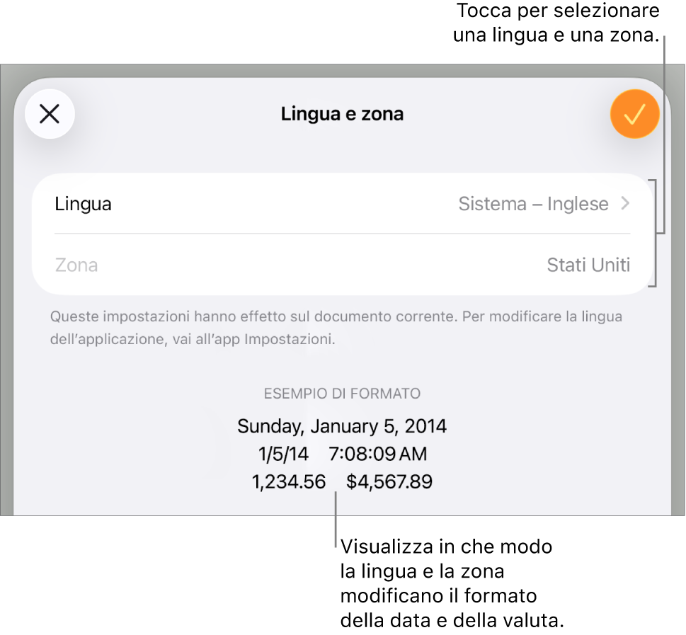 Il pannello Lingua e Zona con i controlli per lingua e zona e un esempio di formato che include data, ora, numeri decimali e valuta.