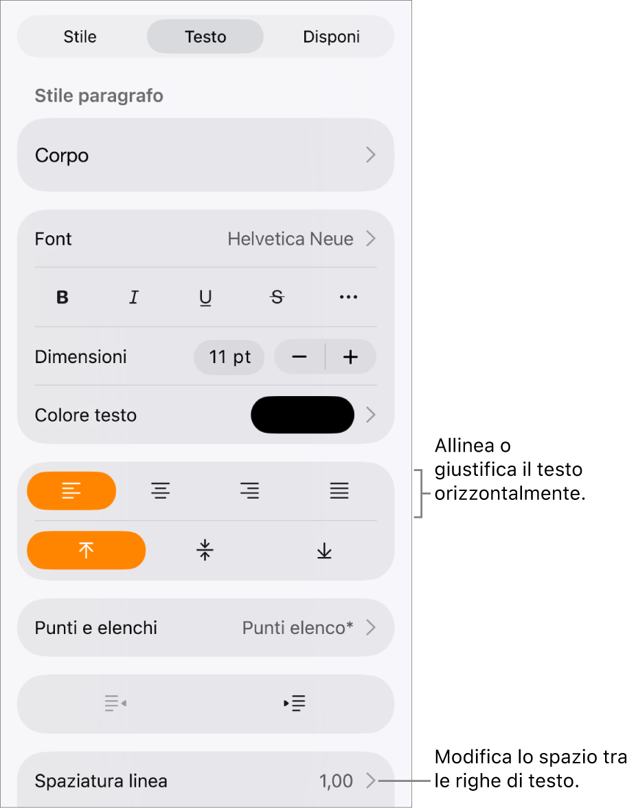 Il pulsante dei controlli di Formattazione con il pannello Testo selezionato e didascalie dei pulsanti di allineamento testo e dell’elemento del menu “Spaziatura linea”.