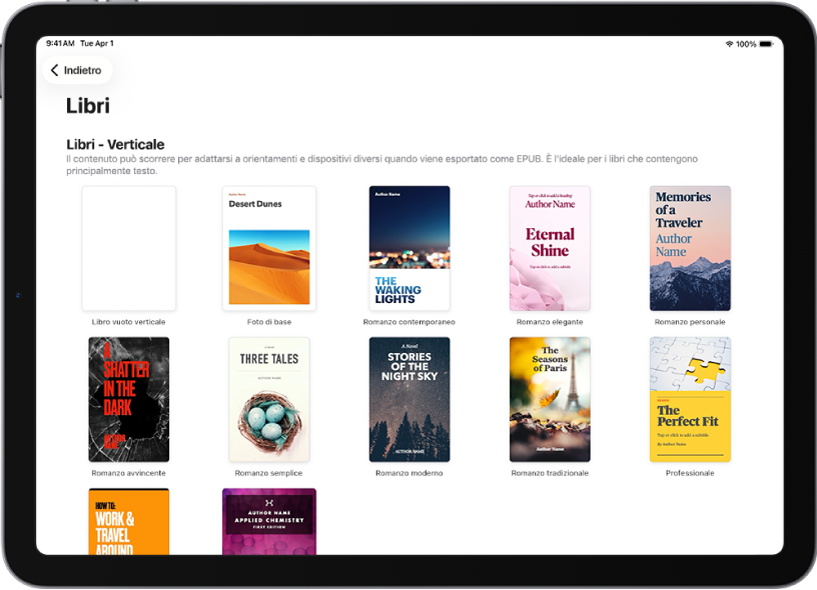 “Scelta modelli” con modelli per libri con orientamento verticale nella parte superiore e con orientamento orizzontale nella parte inferiore.