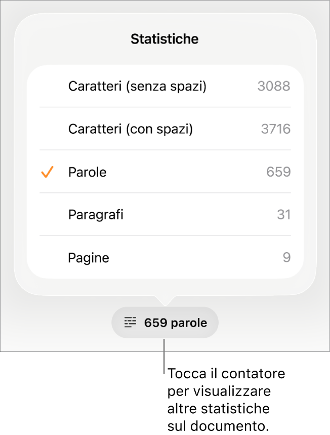 Conteggio parole con un menu che mostra opzioni per visualizzare numero di caratteri con e senza spazi, conteggio parole, conteggio paragrafi e conteggio pagine.