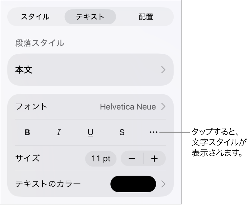 上部に段落スタイルがある「フォーマット」コントロールと、そのあとに「フォント」コントロール。「フォント」の下には、「ボールド」、「イタリック」、「アンダーライン」、「取り消し線」、および「その他のテキストオプション」のボタンがあります。