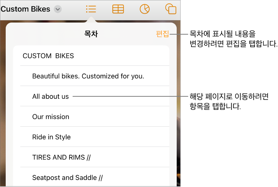 목록에 항목이 있는 목차 보기. 편집 버튼은 보기 오른쪽 상단 모서리에 있습니다.