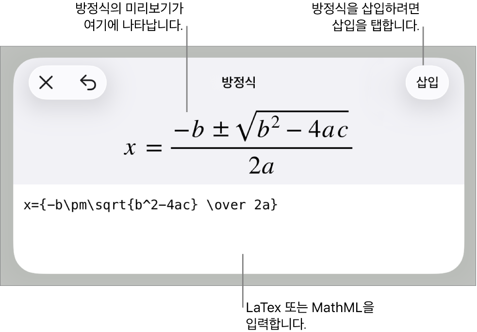 MathML 명령어를 사용하여 적은 방정식 및 그 위에 공식 미리보기를 표시하는 방정식 대화상자.
