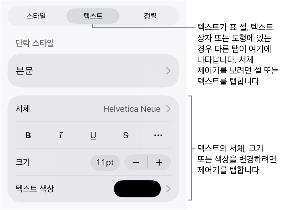포맷 메뉴에 있는 단락, 문자 스타일, 서체, 크기 및 색상을 설정할 수 있는 텍스트 제어기.