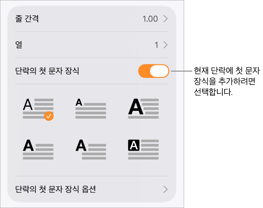 텍스트 메뉴에 위치한 ‘단락의 첫 문자 장식’ 제어기.