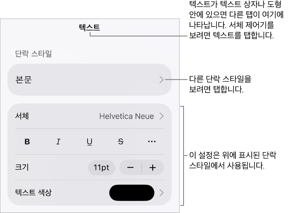 단락 및 문자 스타일, 서체, 크기 및 색상을 설정할 수 있는 텍스트 제어기를 표시하는 포맷 메뉴.
