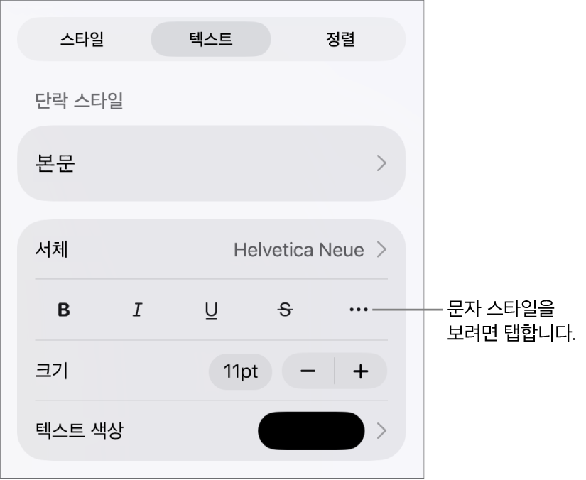 상단에 단락 스타일이 있고 그 아래에 서체 제어기가 있는 포맷 제어기. 서체 아래에는 볼드체, 이탤릭체, 밑줄체, 취소선 및 추가 텍스트 옵션 버튼이 있음.
