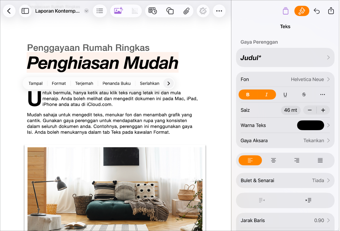 Dokumen Pages terbuka dengan teks dipilih dan pilihan pemformatan teks terbuka.