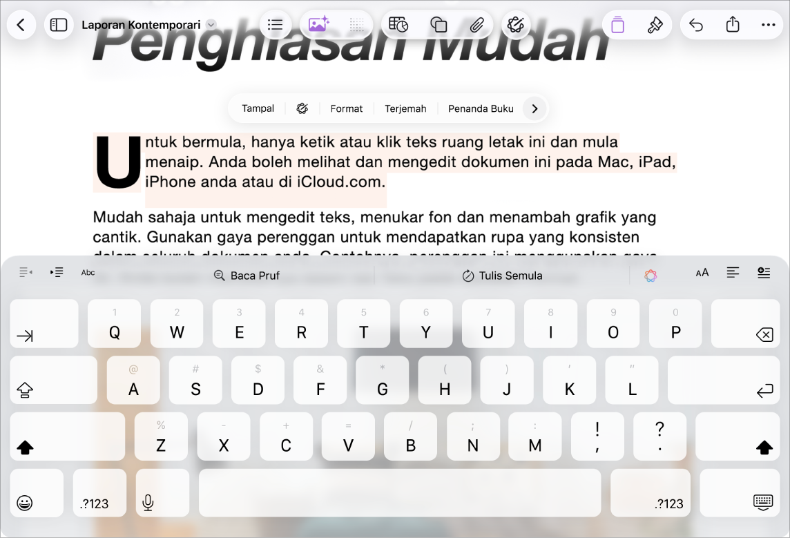 Dokumen Pages dibuka dengan teks ruang letak dipilih.