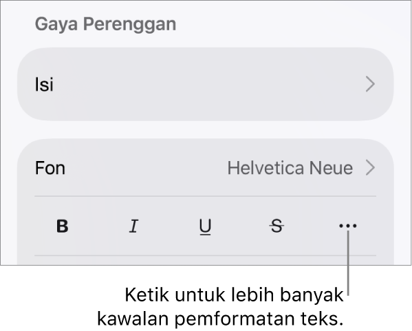 Tab Teks kawalan Format, dengan petak bual ke butang Lebih Banyak Pilihan Teks.
