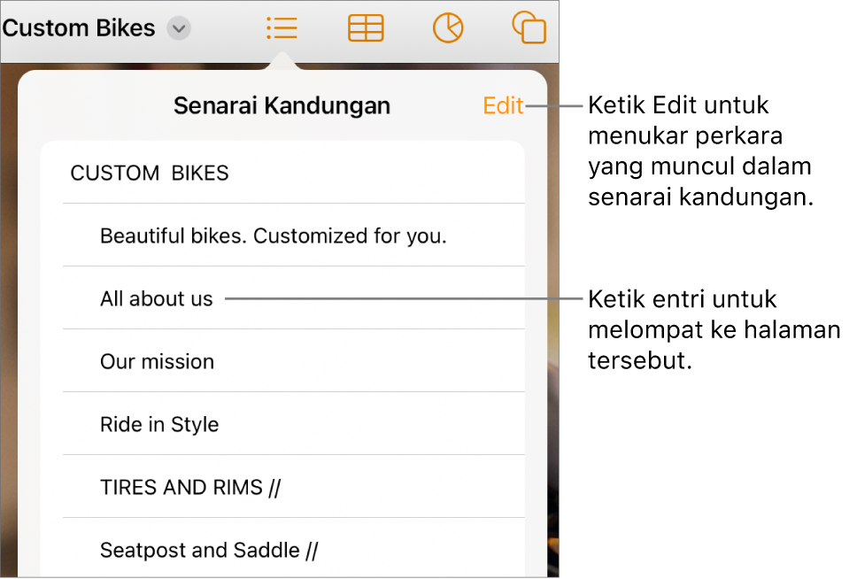 Paparan senarai kandungan dengan entri dalam senarai. Butang Edit berada di penjuru kanan atas paparan.