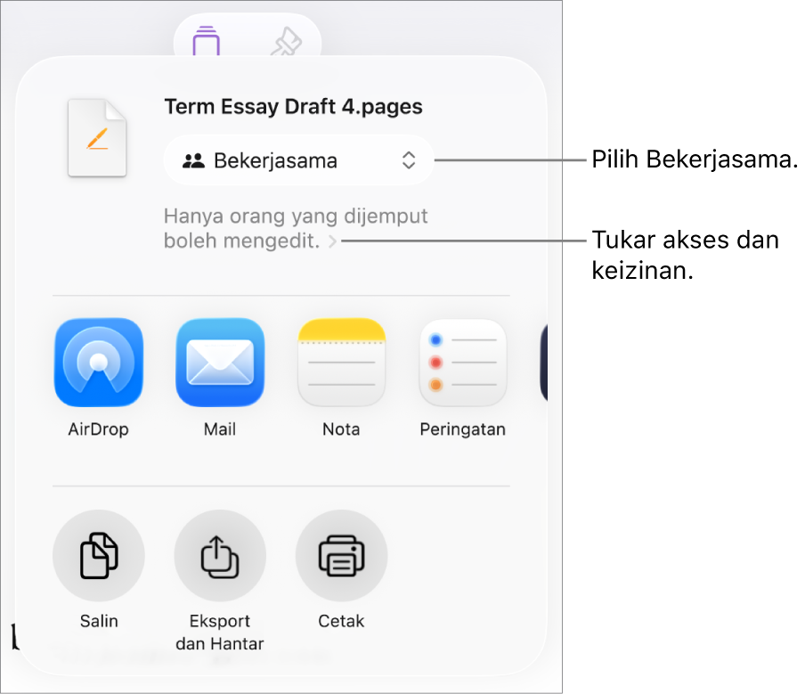 Menu Kongsi dengan Bekerjasama dipilih di bahagian atas dan seting akses serta keizinan di bahagian bawah.