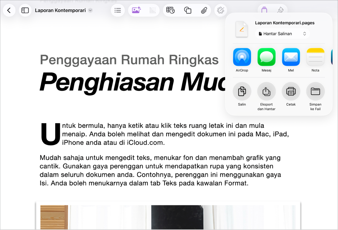Dalam dokumen kerja, dengan pilihan untuk Kongsi atau Eksport terbuka.